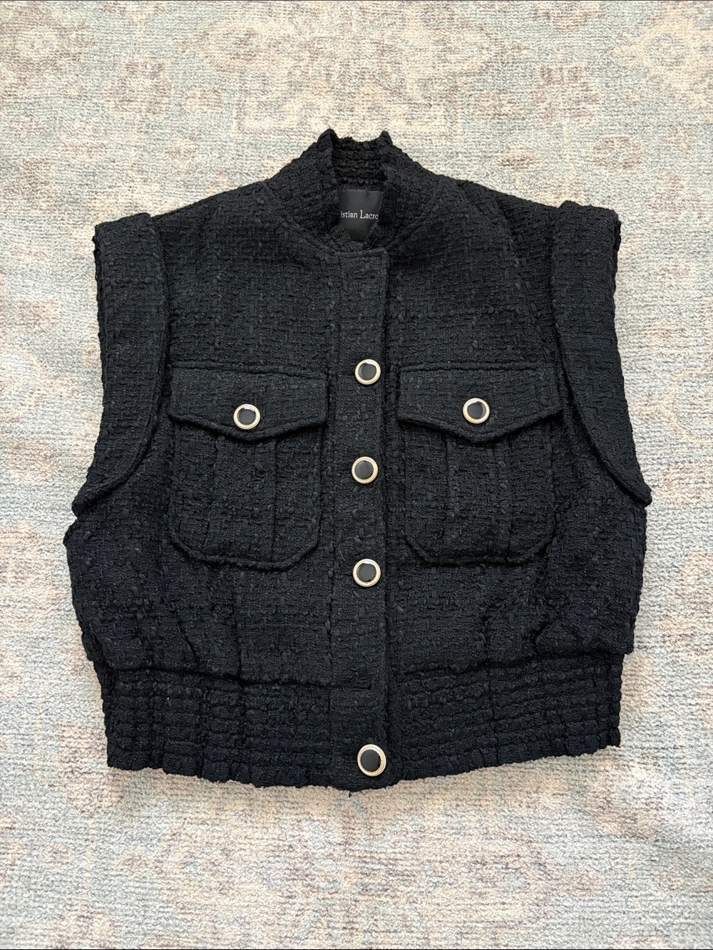 Christian Lacroix Black Tweed Cropped Vest with Gold-Tone Ring Buttons